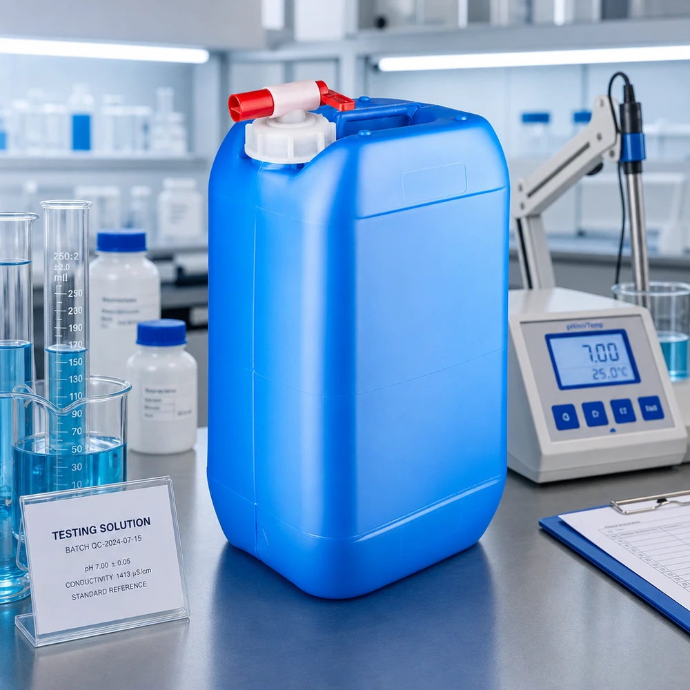 Kanister 15 Liter blau mit Dosierhahn für Testlösungen pH 7 und Leitfähigkeit 1413 µS/cm