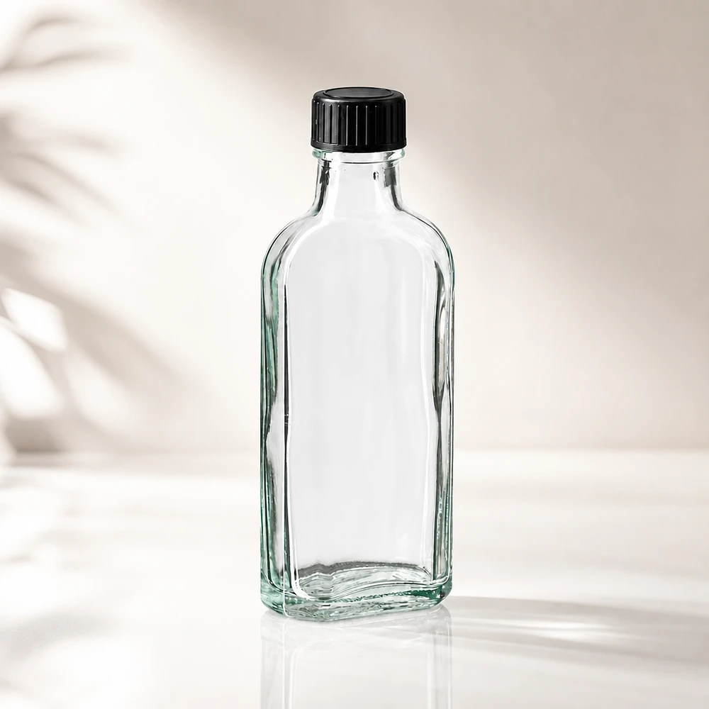 Rechteckige 100ml Glasflasche klar mit gerundeten Kanten und schwarzem Verschluss für Flüssigkeiten