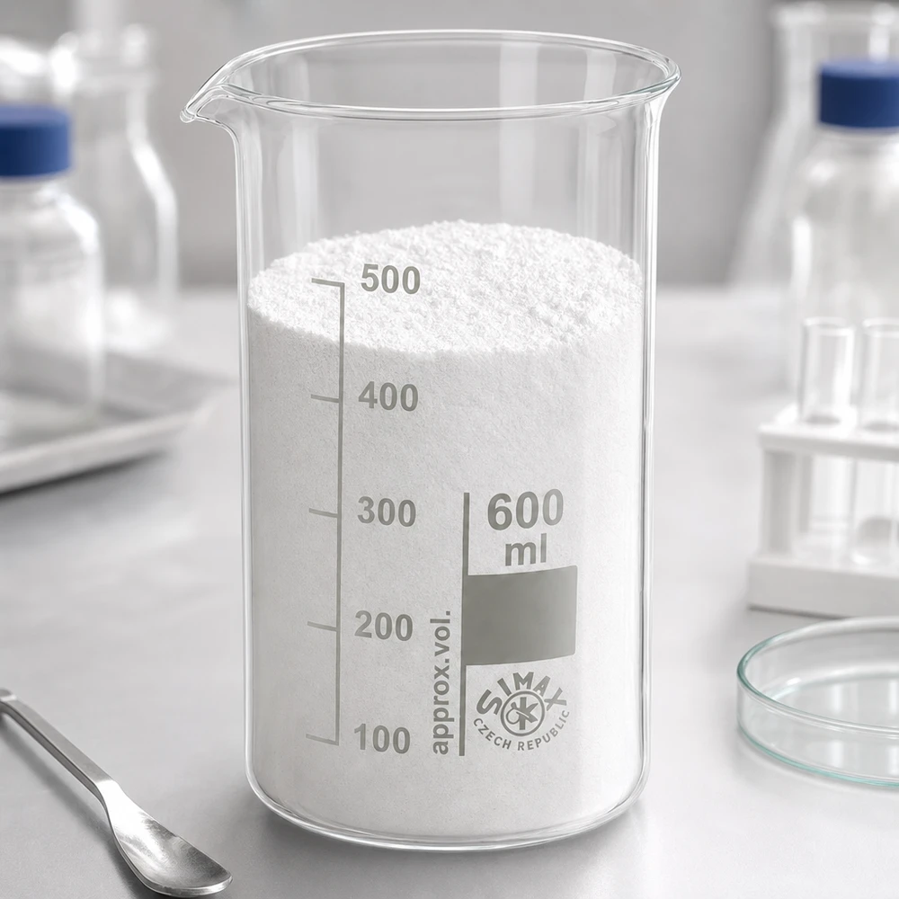 Becherglas 600ml Borosilikatglas, hohe Form Becherglas 600ml hohe Form neben Petrischale Spatel und Laborflaschen mit blauem Verschluss