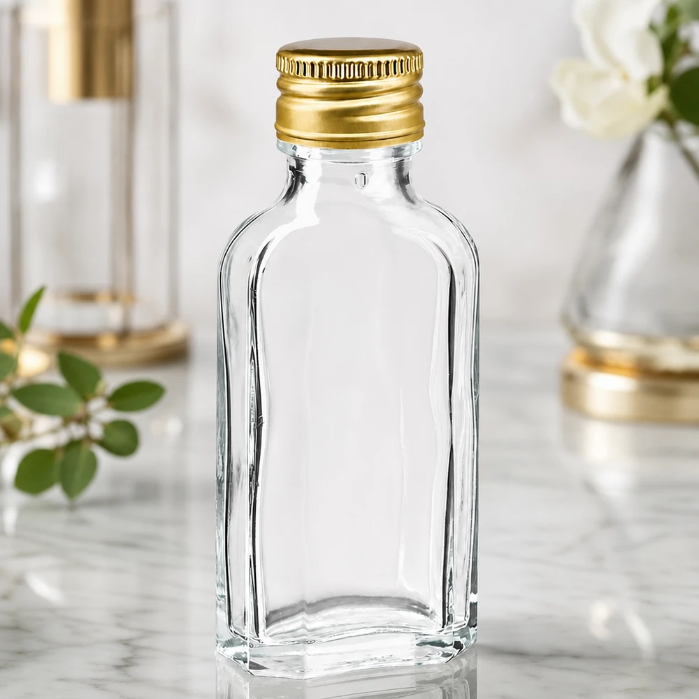Elegante 50ml Miniatur Glasflasche Meplat klar mit goldenem Schraubverschluss PP22