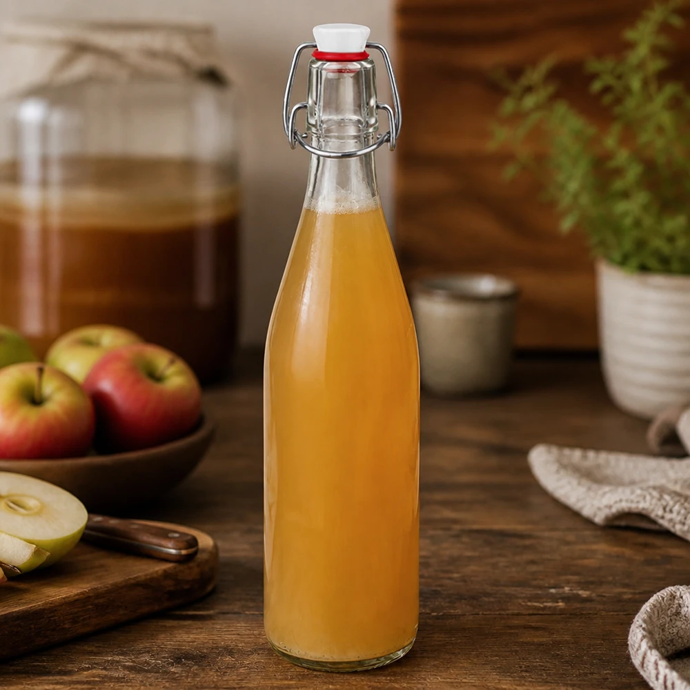 Stilvolle 500ml Glasflasche mit Bügelverschluss gefüllt mit Apfelsaft in rustikaler Küchenszene mit frischen Äpfeln