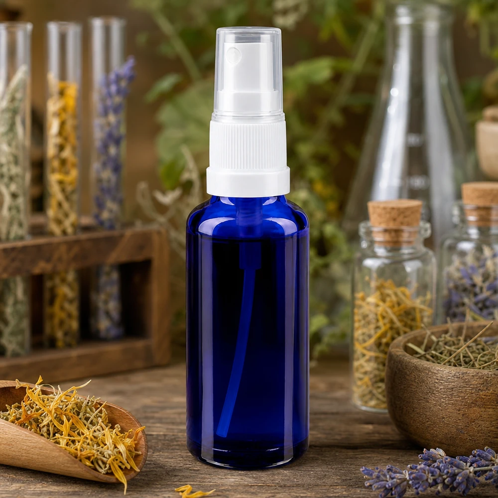 Apothekenflasche blau 30ml Sprayaufsatz weiß Kleine blaue Sprühflasche aus Apothekenglas 30ml auf rustikalem Holzuntergrund mit Naturkräutern