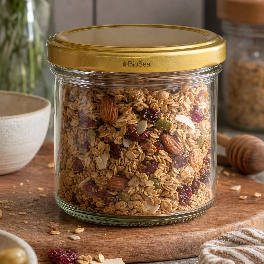 125ml Sturzglas mit BioSeal Deckel gold UNiTWIST UNiTWIST 125ml Vorratsglas mit Müsli und Nüssen - goldener TO66 Deckel perfekt für Frühstück und Snacks