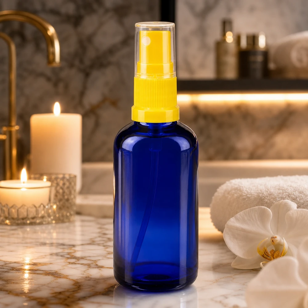 Apothekenflasche blau 50ml Sprayaufsatz gelb Kobaltblaue Glasflasche 50ml mit gelbem Zerstäuber neben weißer Orchidee und Kerzen