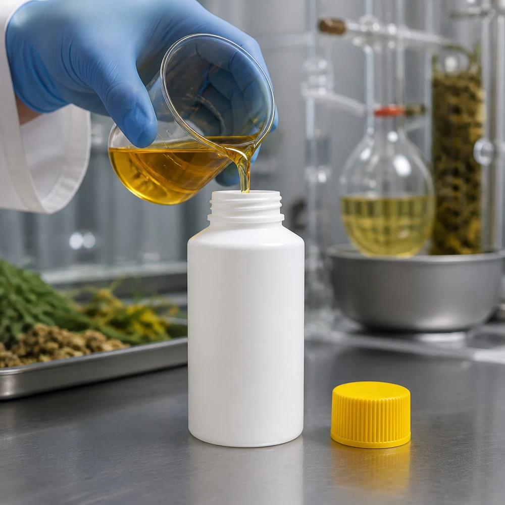 HDPE Enghalsflasche 50ml weiß mit gelbem Schraubverschluss für pharmazeutische Öle und Extrakte