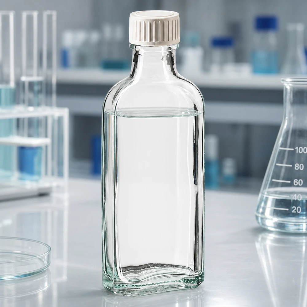 Rechteckige Glasflasche 100ml klar mit dichtendem Kunststoffverschluss im Laborumfeld