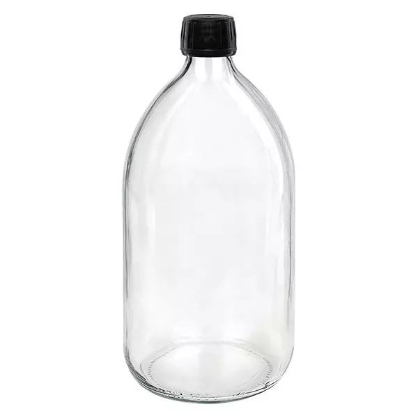 1000ml Medizinflasche klar, Verschluss schwarz mit Originalitätsring ApoGlas 1000ml Medizinflasche klar, Verschluss schwarz mit Originalitätsring ApoGlas