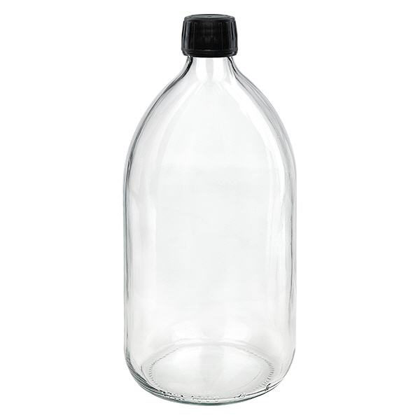 1000ml Medizinflasche klar, Verschluss schwarz mit Originalitätsring ApoGlas 1000ml Medizinflasche klar, Verschluss schwarz mit Originalitätsring ApoGlas