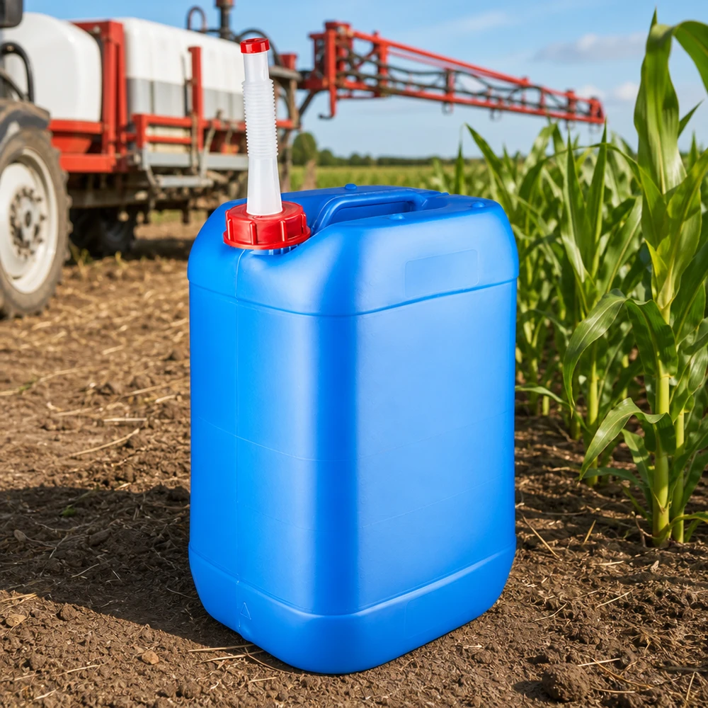 Blauer 25L Kunststoffkanister mit flexiblem Einfüllrohr für Pflanzenschutzmittel in der Landwirtschaft