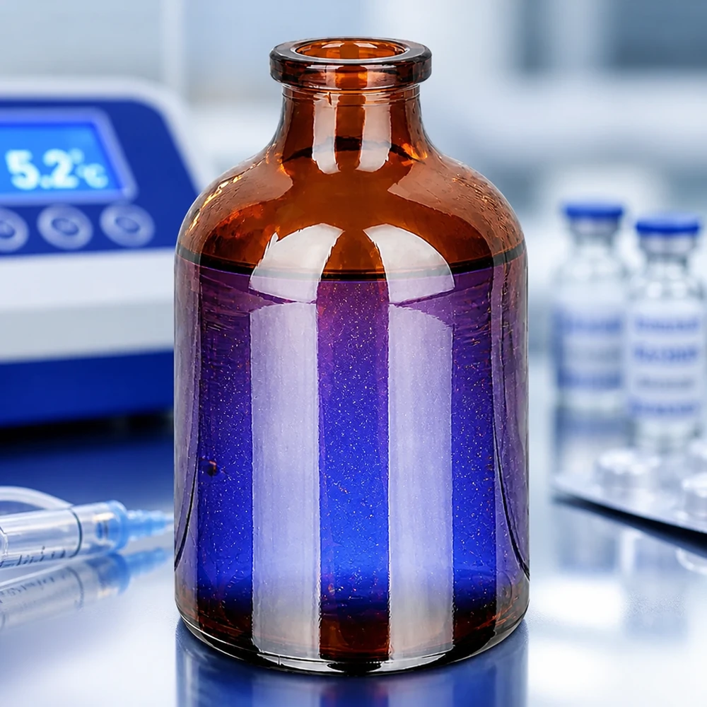 Injektionsflasche Braunglas 50ml Injektionsflasche Braunglas 50ml neben Injektionsampullen mit blauen Verschlusskappen im Labor