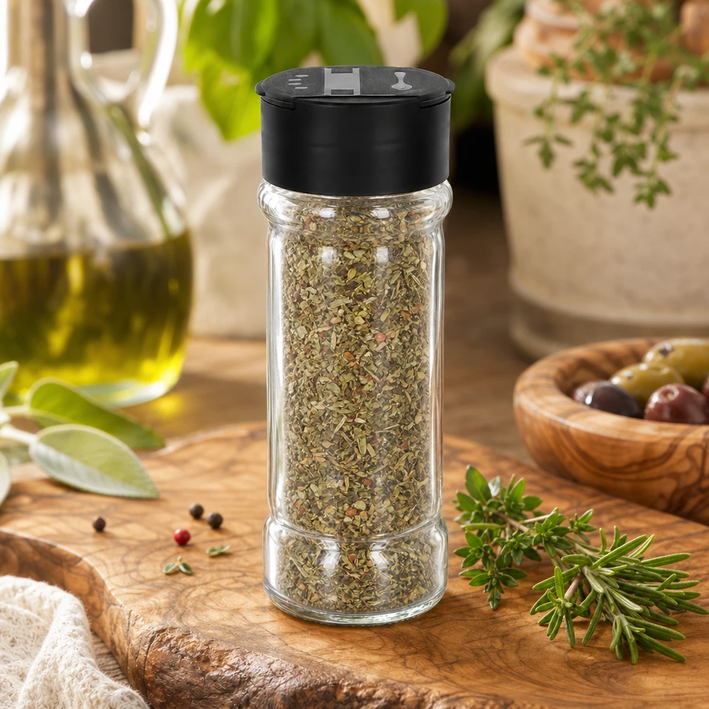 Salz-/Gewürzglas 100ml mit Doppelstreuer schwarz Transparentes Gewürzglas 100ml mit getrockneten Kräutern neben Olivenöl und frischem Rosmarin
