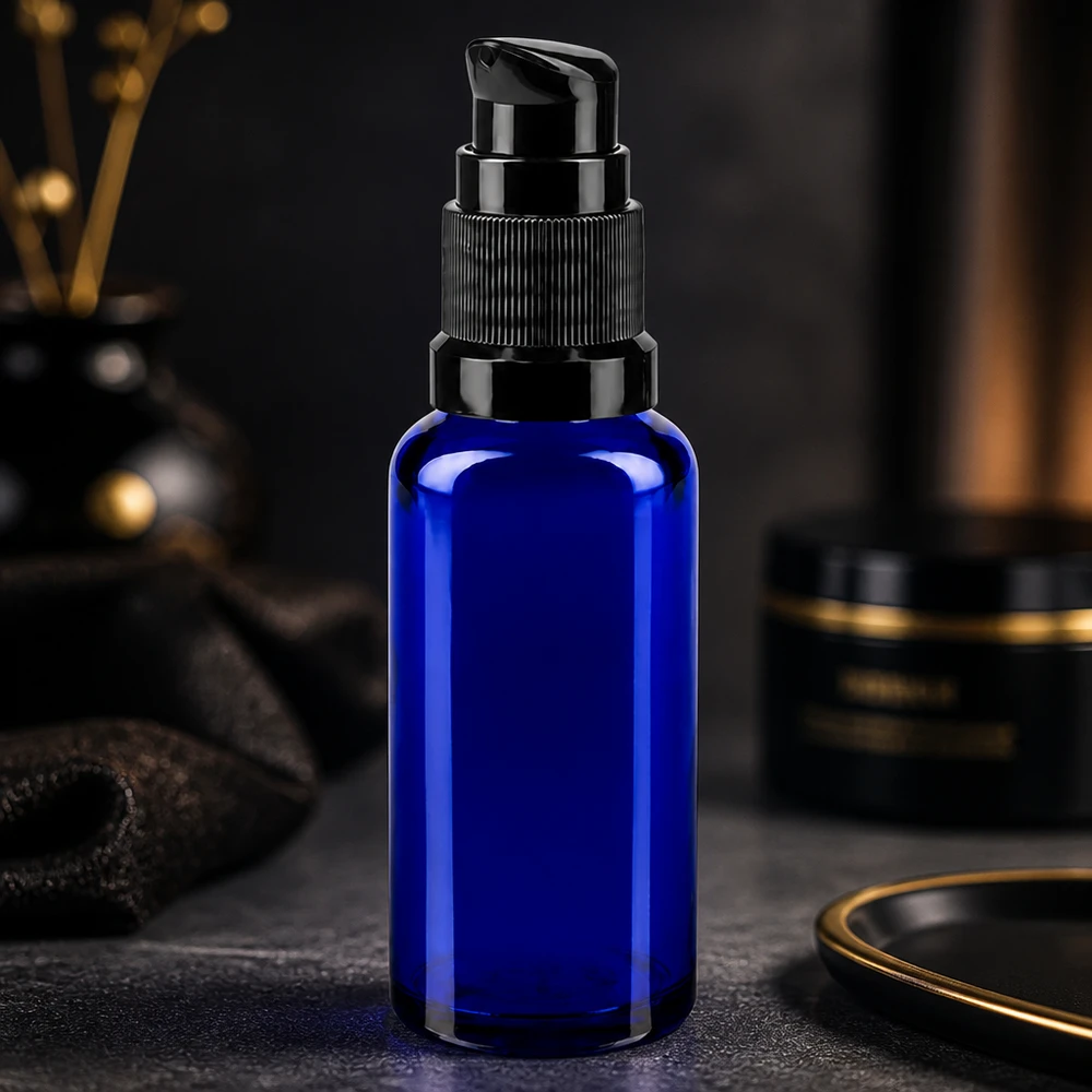 Apothekenflasche blau 30ml PumpVerschluss schwarz Standard 30ml Apothekerglas Flasche in Blau mit schwarzer Standardpumpe für Seren und Öle