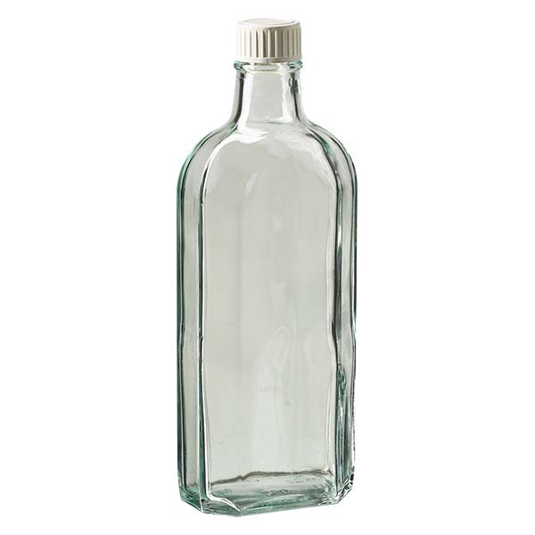 250 ml weiße Meplatflasche mit DIN 22 Mündung, inkl. Verschluss weiss aus PP mit PE-Schaumeinlage