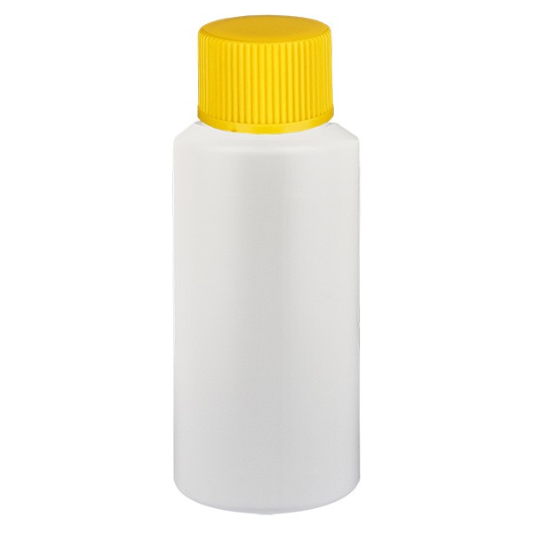 PET Zylinderflasche 25ml weiss, S20x3 mit gelbem SV