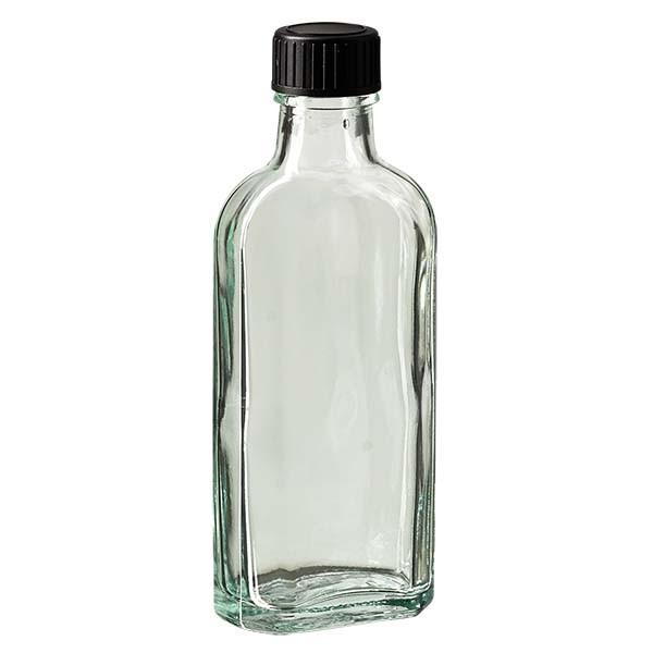100 ml weiße Meplatflasche mit DIN 22 Mündung, inklusive Schraubverschluss DIN 22 schwarz aus LKD