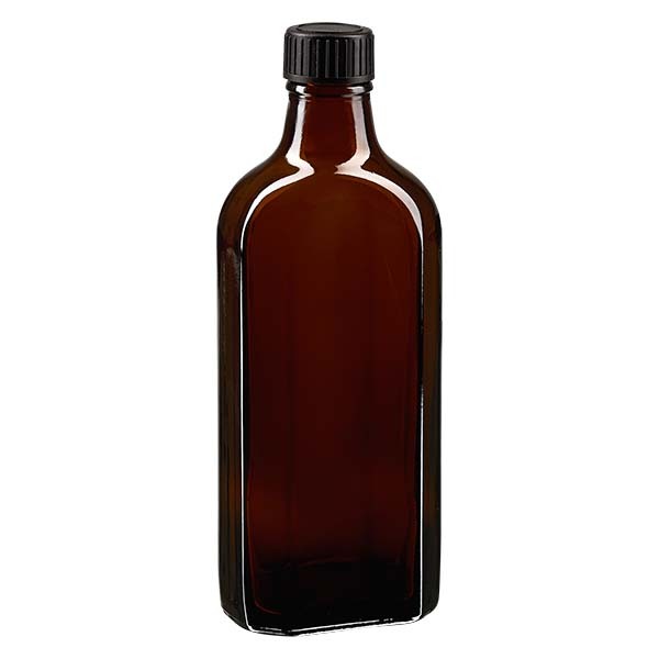 200 ml braune Meplatflasche mit DIN 22 Mündung, inklusive Schraubverschluss DIN 22 schwarz aus LKD