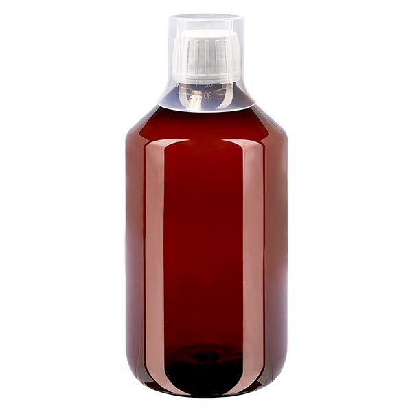 500 ml PET Medizinflaschen mit weißem Schraubverschluss OV und Dosierbecher 30ml Naturfarbe