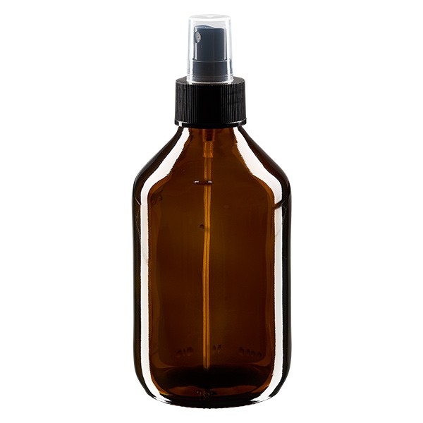 250 ml Euro-Medizinflasche braun mit schwarzem Zerstäuber inkl. transparenter Kappe