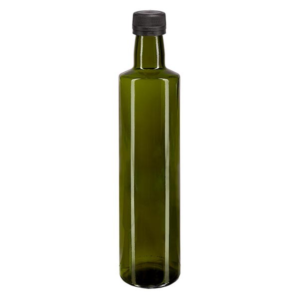 500ml Ölflasche rund Olivgrün inkl. Schraubverschluss Schwarz (PP 31.5mm) mit Ausgiessring OV