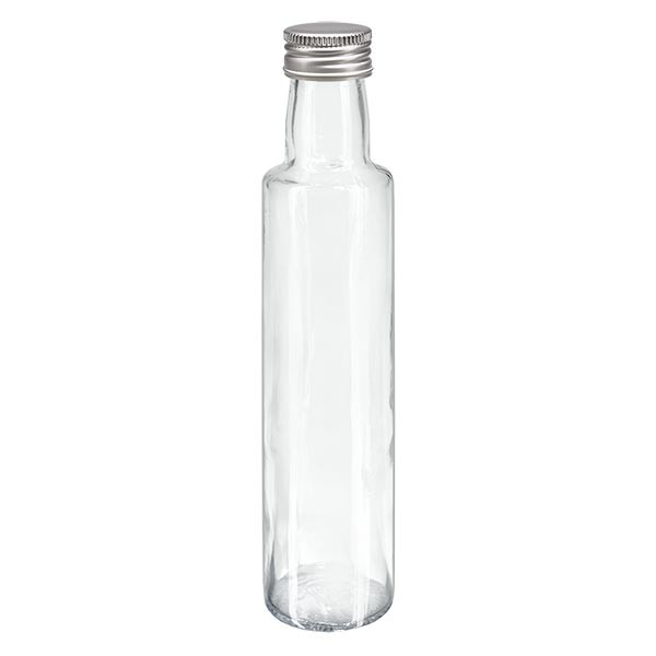 250ml Likörflasche rund Klarglas inkl. Alu Schraubverschluss Silber (PP 31.5mm)