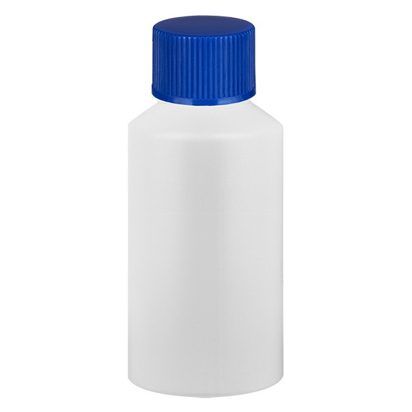 PET Zylinderflasche 50ml weiss, S20x3 mit blauem SV