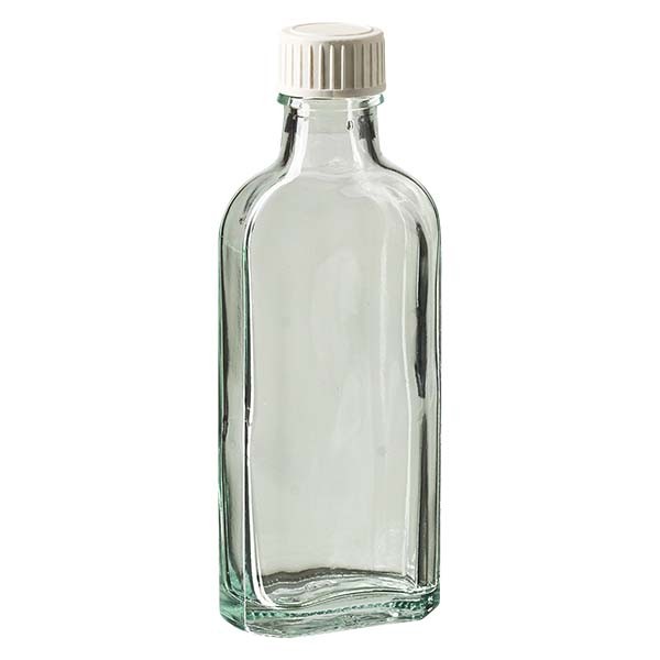 100 ml weiße Meplatflasche mit DIN 22 Mündung, inkl. Verschluss weiss aus PP mit PE-Schaumeinlage