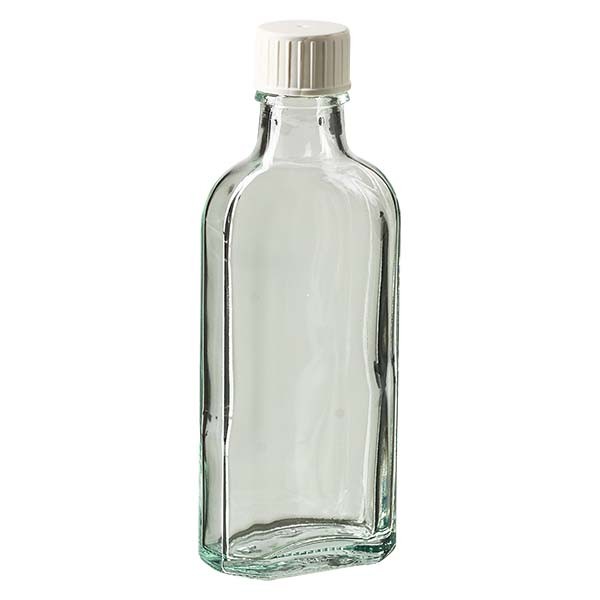 100 ml weiße Meplatflasche mit DIN 22 Mündung, inklusive Schraubverschlussweiss mit Giessring