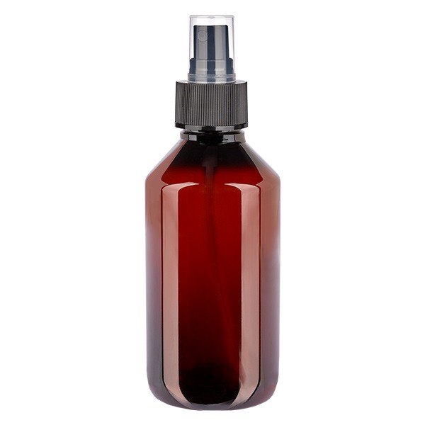 250 ml PET Medizinflasche mit Zerstäuber schwarz GCMI 28/410 inkl. Kappe transparent, Standard
