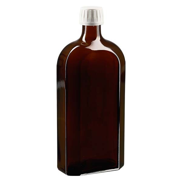 500 ml braune Meplatflasche mit DIN 28 Mündung, inklusive Schraubverschluss OV DIN 28 weiss aus PP