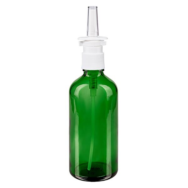 Grünglasflasche 100ml mit Nasenzerstäuber weiss