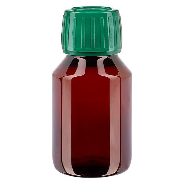 PET Medizinflasche 50ml braun (Veralflasche) PP28, mit grünem OV