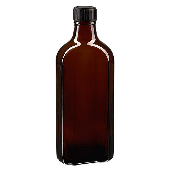 200 ml braune Meplatflasche mit DIN 22 Mündung, inklusive Schraubverschluss DIN 22 schwarz aus PP mi