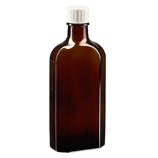 150 ml braune Meplatflasche mit DIN 22 Mündung, inkl. Schraubverschluss weiss mit Giessring