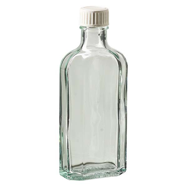 125 ml weiße Meplatflasche mit DIN 22 Mündung, inkl. Verschluss weiss aus PP mit PE-Schaumeinlage