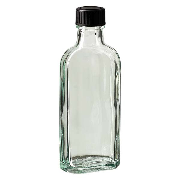 100 ml weiße Meplatflasche mit DIN 22 Mündung, inklusive Schraubverschluss DIN 22 schwarz aus EPE
