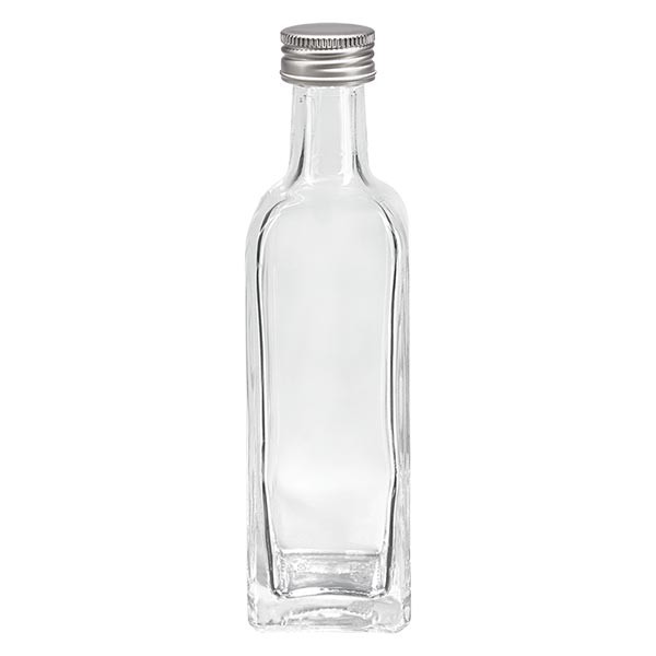 60ml Likörflasche eckig Klarglas inkl. Alu Schraubverschluss Silber (PP 18mm)