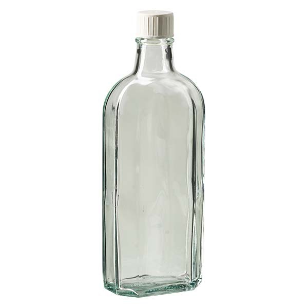 250 ml weiße Meplatflasche mit DIN 22 Mündung, inkl. Schraubverschluss DIN 22 weiss mit Giessring