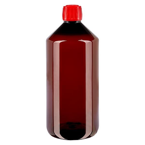 PET Medizinflasche 1000ml braun (Veralflasche) PP28, mit rotem OV