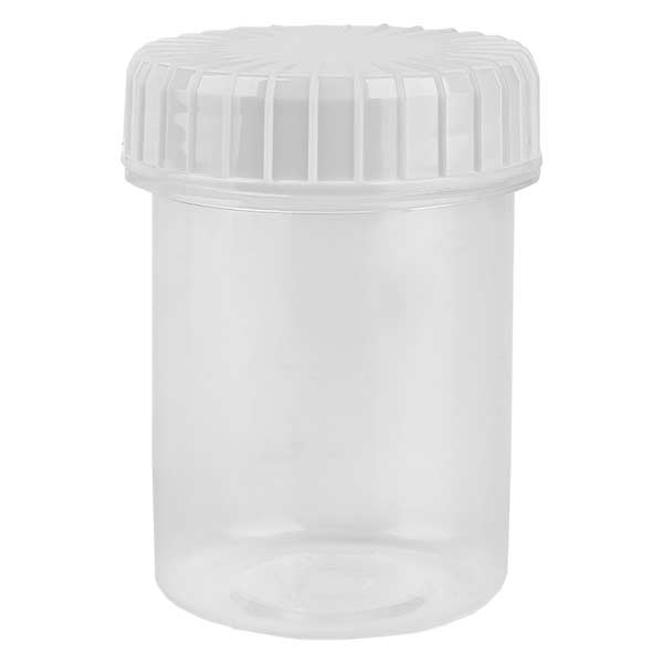 Kunststoffdose 40ml transparent mit gerilltem weissen Schraubdeckel aus PE, Verschlussart Standard