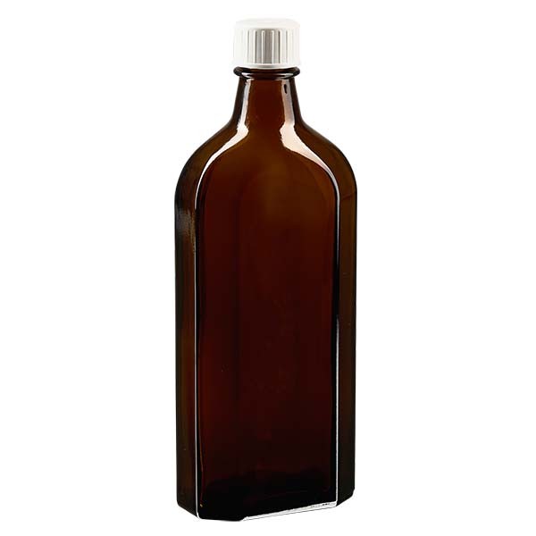 250 ml braune Meplatflasche mit DIN 22 Mündung, inkl. Schraubverschluss weiss mit Giessring