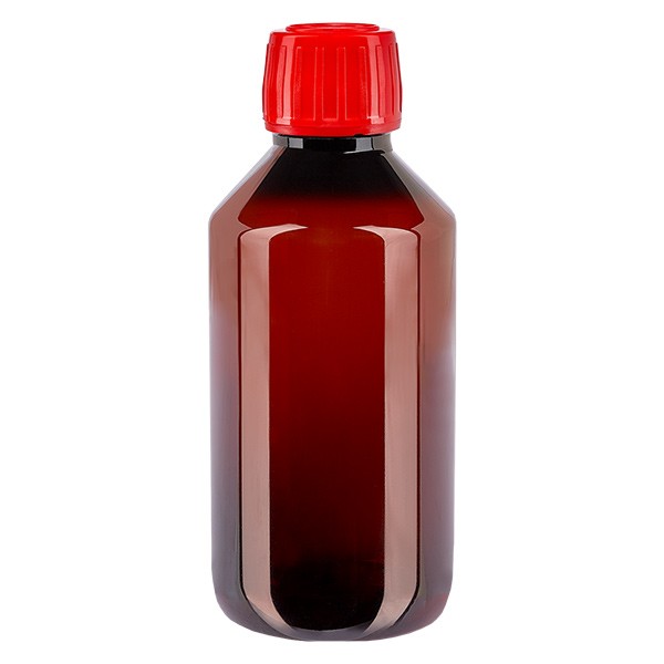 PET Medizinflasche 250ml braun (Sirupflasche) PP28, mit rotem OV