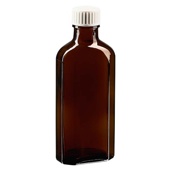 100 ml braune Meplatflasche mit DIN 22 Mündung, inklusive Schraubverschluss DIN 22 weiss aus PP mit