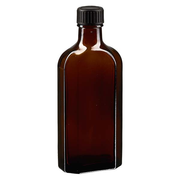 150 ml braune Meplatflasche mit DIN 22 Mündung, inklusive Schraubverschluss DIN 22 schwarz aus LKD