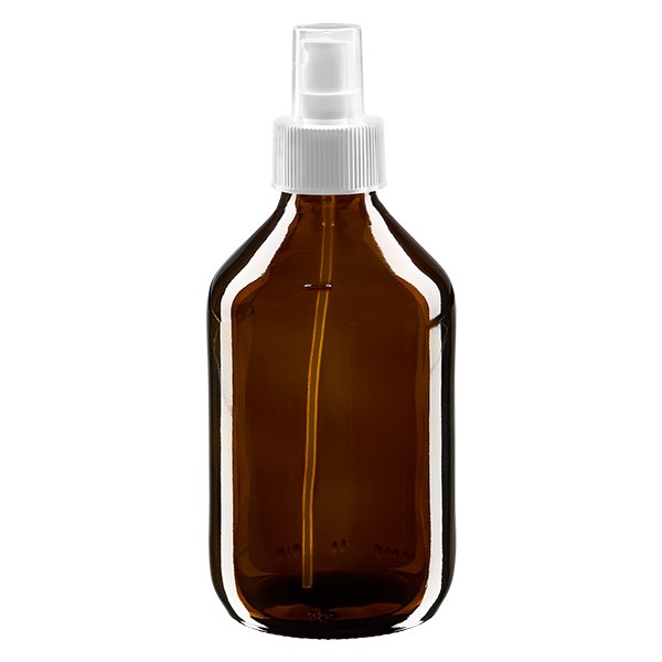 250 ml Euro-Medizinflasche braun mit weissem Zerstäuber inkl. transparenter Kappe