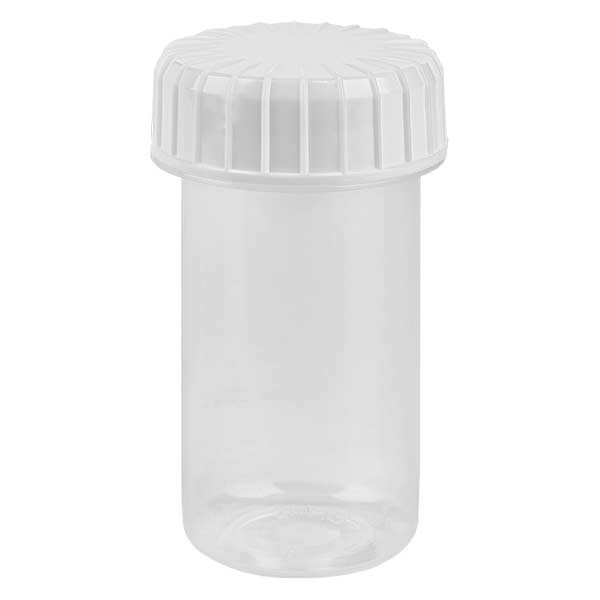 Kunststoffdose 20ml transparent mit gerilltem weissen Schraubdeckel aus PE, Verschlussart Standard