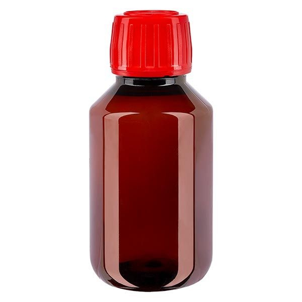 PET Medizinflasche 100ml braun (Veralflasche) PP28, mit rotem OV
