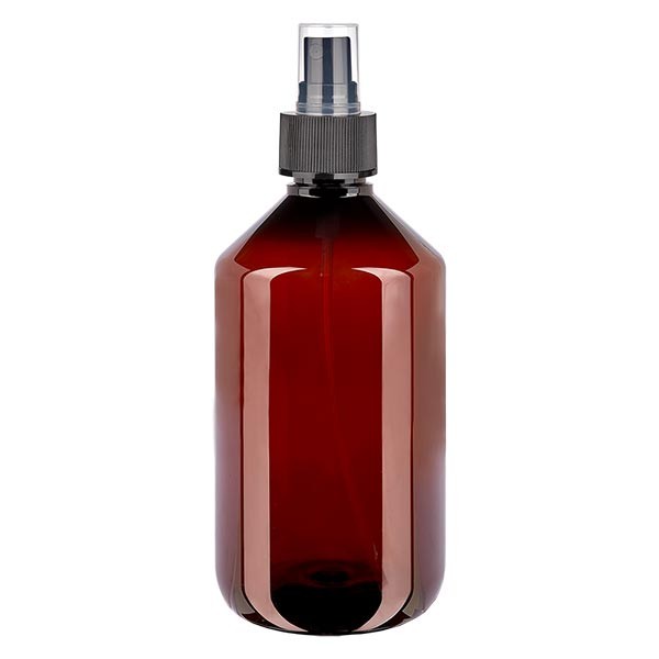 500 ml PET Medizinflasche mit Zerstäuber schwarz GCMI 28/410 inkl. Kappe transparent, Standard