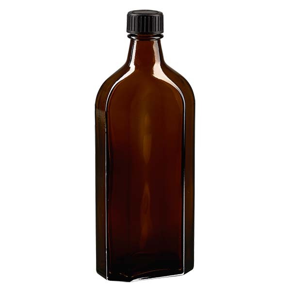 250 ml braune Meplatflasche mit DIN 22 Mündung, inklusive Schraubverschluss DIN 22 schwarz aus PP mi