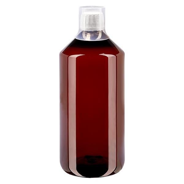 1000 ml PET Medizinflaschen mit weißem Schraubverschluss OV und Dosierbecher 30ml Naturfarbe