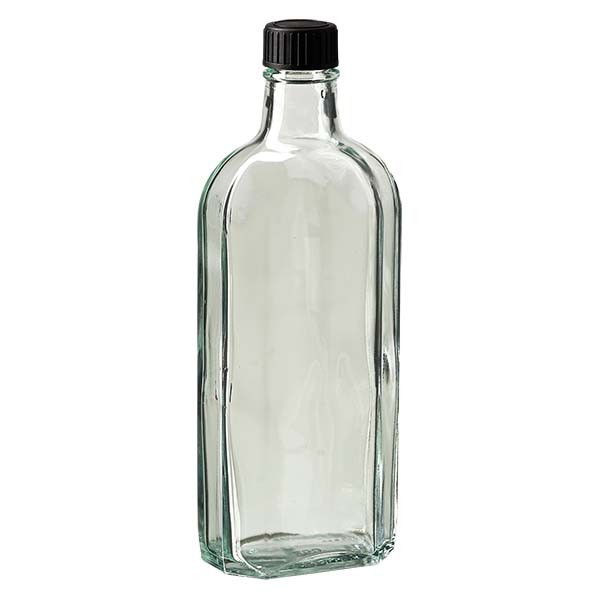 250 ml weiße Meplatflasche mit DIN 22 Mündung, inklusive Schraubverschluss DIN 22 schwarz aus LKD